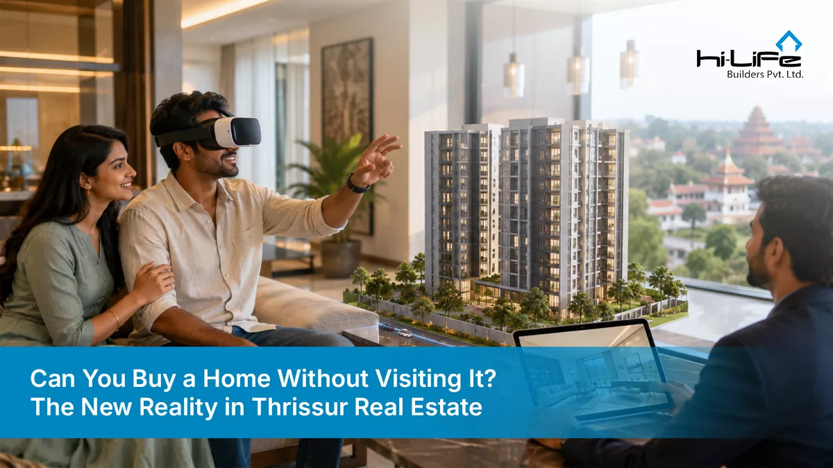 Remote home buying concept with VR walkthrough of luxury apartments in Thrissur real estate